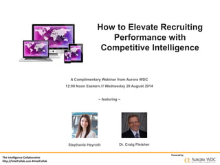 The Intelligence Collaborative 
http://IntelCollab.com #IntelCollab 
How to Elevate Recruiting 
Performance with 
Competitive Intelligence 
Powered by 
A Complimentary Webinar from Aurora WDC 
12:00 Noon Eastern /// Wednesday 20 August 2014 
~ featuring ~ 
Stephanie Heyroth Dr. Craig Fleisher 
 