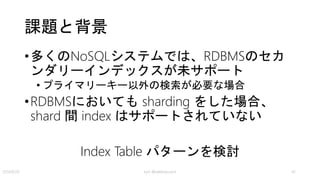 解決策 ー 准非正規化
• 頻繁に参照されるものをIndex Tableに収容
• 前２つの中間的な方法
kyrt @takekazuomi 42
 
