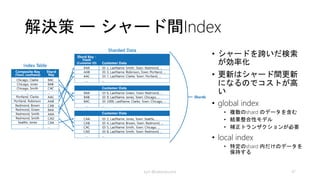 問題と検討事項 -3-
•この機能の更新、参照のパフォーマンス問
題は、一般的なSQL データベースのイン
デックスやカバリング インデックスの問題
と類似
•トレードオフも同等だが、実装をアプリ
ケーションでする必要がある部分は大きく
違う
kyrt @takekazuomi 47
 