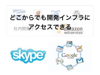 社内開発リソース
どこからでも開発インフラに
アクセスできる
 