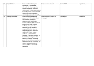 3.4 Projeto Estrutural Projeto constituído dos seguintes
documentos: 1) Plantas e suas
informações; 2) Especificação dos
materiais; 3) Plano de desforma e
reescoramento; 4) Detalhes construtivos;
5) Lista de materiais para orçamento; 6)
Documentos conforme padrão de
apresentação estabelecido pela AJFF.
Projeto executivo estrutural Normas ABNT Aguardando
3.5 Projeto de Climatização Projeto constituído dos seguintes
documentos: 1) Memorial de cálculo e
selecionamento do sistema e
equipamentos; 2) Especificações
técnicas certificadas; 3) Fluxograma de
engenharia; 4) Folhas de dados
certificadas de equipamentos
preenchida; 5) Lista de material
completa; 6) Detalhes típicos de
instalação (mecânicos, elétricos e
hidráulicos); 7) Redes de dutos
certificada; 8) Rede hidráulica
certificada; 9) Isométrico hidráulico; 10)
Rede elétrica; 11) Diagrama unifilar
elétrico; 12) Diagrama funcional de
painel elétrico; 13) Bases e furações; 14)
Detalhamento da sala de máquinas; 15)
Relatório de testes e partidas do
sistema; 16) Manual de operação e
manutenção.
Projeto executivo do sistema de
climatização
Normas ABNT Aguardando
 