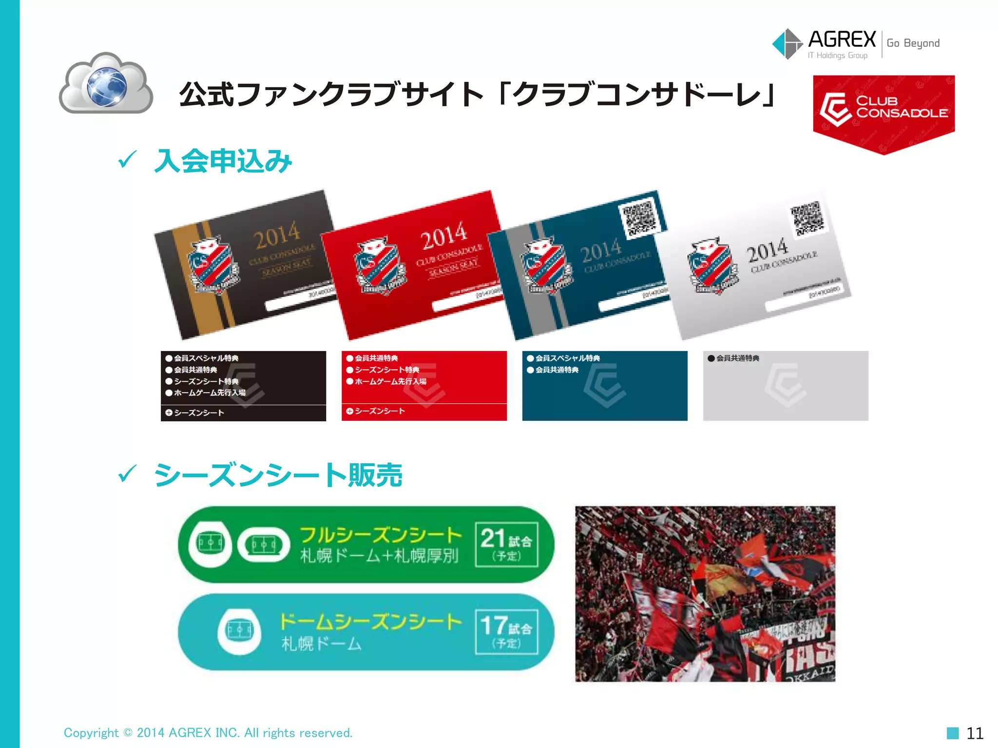 Copyright © 2014 AGREX INC. All rights reserved. 11
 入会申込み
 シーズンシート販売
公式ファンクラブサイト「クラブコンサドーレ」
 