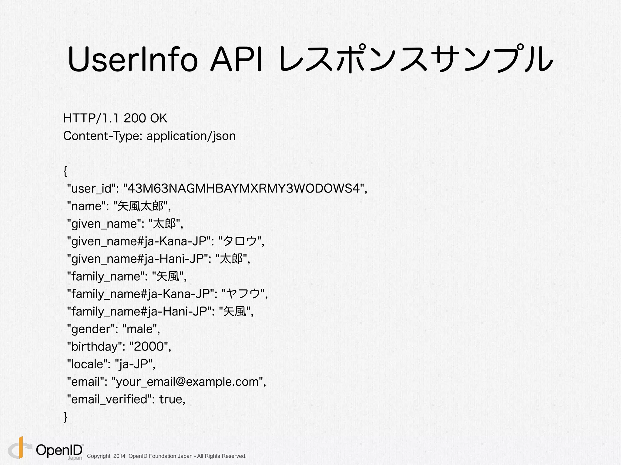 Copyright 2014 OpenID Foundation Japan - All Rights Reserved.
UserInfo API レスポンスサンプル
HTTP/1.1 200 OK
Content-Type: application/json
!
{
"user_id": "43M63NAGMHBAYMXRMY3WODOWS4",
"name": "矢風太郎",
"given_name": "太郎",
"given_name#ja-Kana-JP": "タロウ",
"given_name#ja-Hani-JP": "太郎",
"family_name": "矢風",
"family_name#ja-Kana-JP": "ヤフウ",
"family_name#ja-Hani-JP": "矢風",
"gender": "male",
"birthday": "2000",
"locale": "ja-JP",
"email": "your_email@example.com",
"email_veriﬁed": true,
}
 