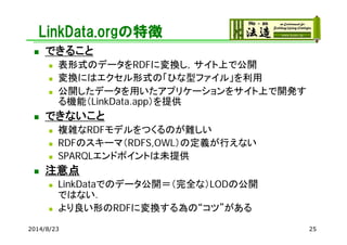 LinkData.orgの特徴
 できること
 表形式のデータをRDFに変換し，サイト上で公開
 変換にはエクセル形式の「ひな型ファイル」を利用
 公開したデータを用いたアプリケーションをサイト上で開発す
る機能（LinkData.ap...