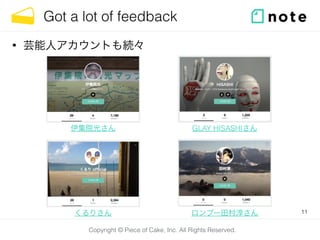 Copyright © Piece of Cake, Inc. All Rights Reserved.
Got a lot of feedback
• 芸能人アカウントも続々
11
伊集院光さん
ロンブー田村淳さんくるりさん
GLAY HISASHIさん
 