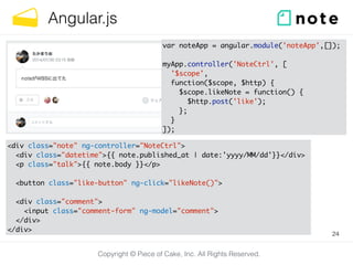 Copyright © Piece of Cake, Inc. All Rights Reserved.
Angular.js
24
<div class="note" ng-controller="NoteCtrl">	
<div class="datetime">{{ note.published_at | date:'yyyy/MM/dd'}}</div>	
<p class="talk">{{ note.body }}</p>	
!
<button class="like-button" ng-click="likeNote()">	
!
<div class="comment">	
<input class="comment-form" ng-model="comment">	
</div>	
</div>
var noteApp = angular.module('noteApp',[]);	
!
myApp.controller('NoteCtrl', [	
'$scope',	
function($scope, $http) {	
$scope.likeNote = function() {	
$http.post('like');	
};	
}	
]);
 