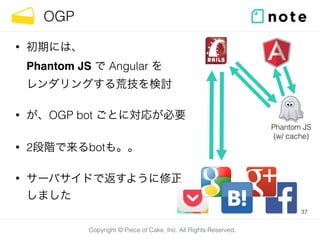 Copyright © Piece of Cake, Inc. All Rights Reserved.
OGP
• 初期には、 
Phantom JS で Angular を 
レンダリングする荒技を検討
• が、OGP bot ごとに対応が必要
• 2段階で来るbotも。。
• サーバサイドで返すように修正
しました
37
Phantom JS
(w/ cache)
 