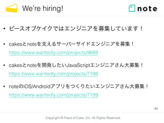 Copyright © Piece of Cake, Inc. All Rights Reserved.
We’re hiring!
• ピースオブケイクではエンジニアを募集しています！
• cakesとnoteを支えるサーバーサイドエンジニアを募集！ 
https://www.wantedly.com/projects/9689
• cakesとnoteを開発したいJavaScriptエンジニアさん大募集！ 
https://www.wantedly.com/projects/7198
• noteのiOS/Androidアプリをつくりたいエンジニアさん大募集！ 
https://www.wantedly.com/projects/7199
43
 