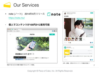 Copyright © Piece of Cake, Inc. All Rights Reserved.
Our Services
• note (ノート) 2014年4月リリース 
https://note.mu/!
• 個人でコンテンツが100円から販売可能
7
 