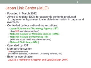 Japan Link Center (JaLC) 
• Founded in March 2012 
• Aimed to register DOIs for academic contents produced 
in Japan or in...