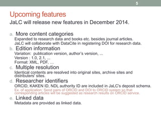Upcoming features 
JaLC will release new features in December 2014. 
a. More content categories 
Expanded to research data...