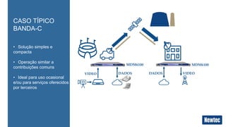 CASO TÍPICO 
BANDA-C 
MDM6100 MDM6100 
VIDEO DADOS DADOS VIDEO 
• Solução simples e 
compacta 
• Operação similar a 
contribuições comuns 
• Ideal para uso ocasional 
e/ou para serviços oferecidos 
por terceiros 
 