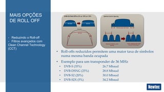 • Roll-offs reduzidos permitem uma maior taxa de símbolos 
numa mesma banda ocupada 
• Exemplo para um transponder de 36 MHz 
• DVB-S (35%) 26.7 Mbaud 
• DVB-DSNG (25%) 28.8 Mbaud 
• DVB-S2 (20%) 30.0 Mbaud 
• DVB-S2X (5%) 34.2 Mbaud 
MAIS OPÇÕES 
DE ROLL OFF 
- Reduzindo o Roll-off 
- Filtros avançados com 
Clean Channel Technology 
(CCT) 
Optimal Carrier Spacing 
Filtering away side lobes 
Standard DVB-S2 carrier 
spacing 
Carrier Spacing with Clean 
Channel Technology™ 
DVB-S2 Roll-Off to 5% or 10% or 15% 
RO 20% RO 5% 
RO 20% 
RO 5% 
 