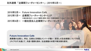 Page 20 © NEC Corporation 2014
社外連携　「企業間フューチャーセンター」　(2010年2月～)
2010年2月〜　Future Innovation Café
2012年1月〜　企業間フューチャーセンターLLP
　...