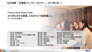 Page 21 © NEC Corporation 2014
社外連携　「企業間フューチャーセンター」　(2010年2月～)
Future Innovation Café
2010年2月から開催。これまでに79回開催(※1)。
(※1) 201...