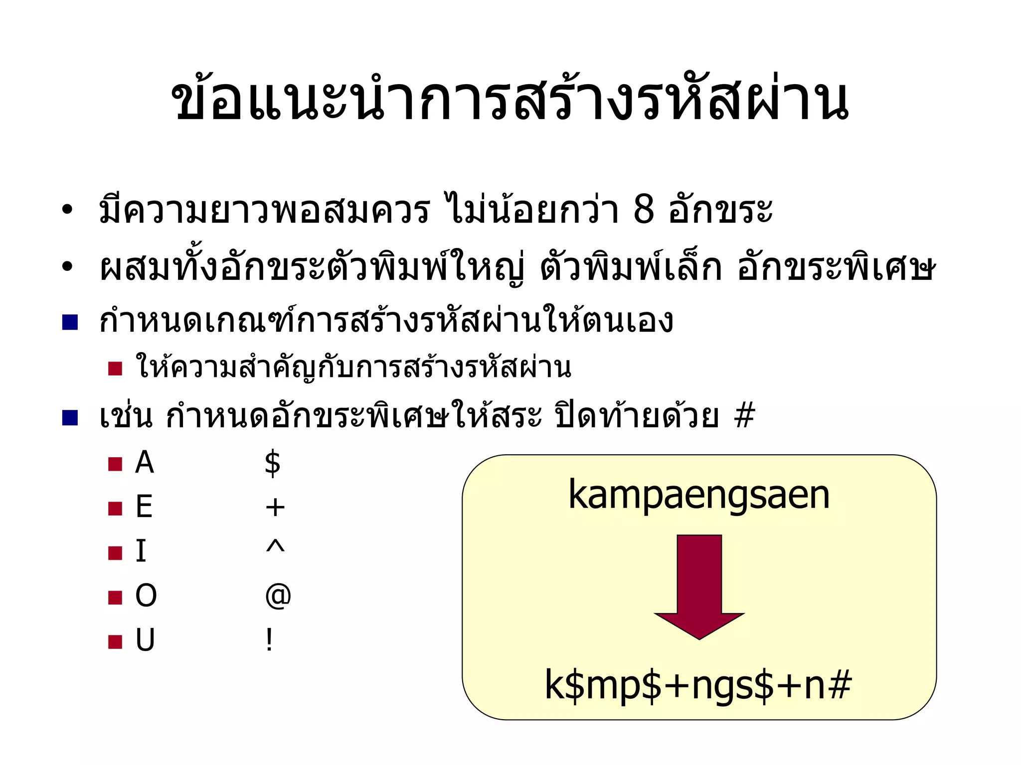 ข้อแนะนาการสร้างรหัสผ่าน 
•มีความยาวพอสมควร ไม่น้อยกว่า 8 อักขระ 
•ผสมทั้งอักขระตัวพิมพ์ใหญ่ ตัวพิมพ์เล็ก อักขระพิเศษ 
กาหนดเกณฑ์การสร้างรหัสผ่านให้ตนเอง 
ให้ความสาคัญกับการสร้างรหัสผ่าน 
เช่น กาหนดอักขระพิเศษให้สระ ปิดท้ายด้วย # 
A $ 
E + 
I ^ 
O @ 
U ! 
kampaengsaen k$mp$+ngs$+n#  