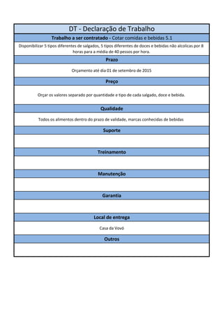 DT - Declaração de Trabalho 
Trabalho a ser contratado - Cotar comidas e bebidas 5.1 
Disponibilizar 5 tipos diferentes de salgados, 5 tipos diferentes de doces e bebidas não alcolicas por 8 
horas para a média de 40 pessos por hora. 
Prazo 
Orçamento até dia 01 de setembro de 2015 
Preço 
Orçar os valores separado por quantidade e tipo de cada salgado, doce e bebida. 
Qualidade 
Todos os alimentos dentro do prazo de validade, marcas conhecidas de bebidas 
Suporte 
Treinamento 
Manutenção 
Garantia 
Local de entrega 
Casa da Vovó 
Outros 
 