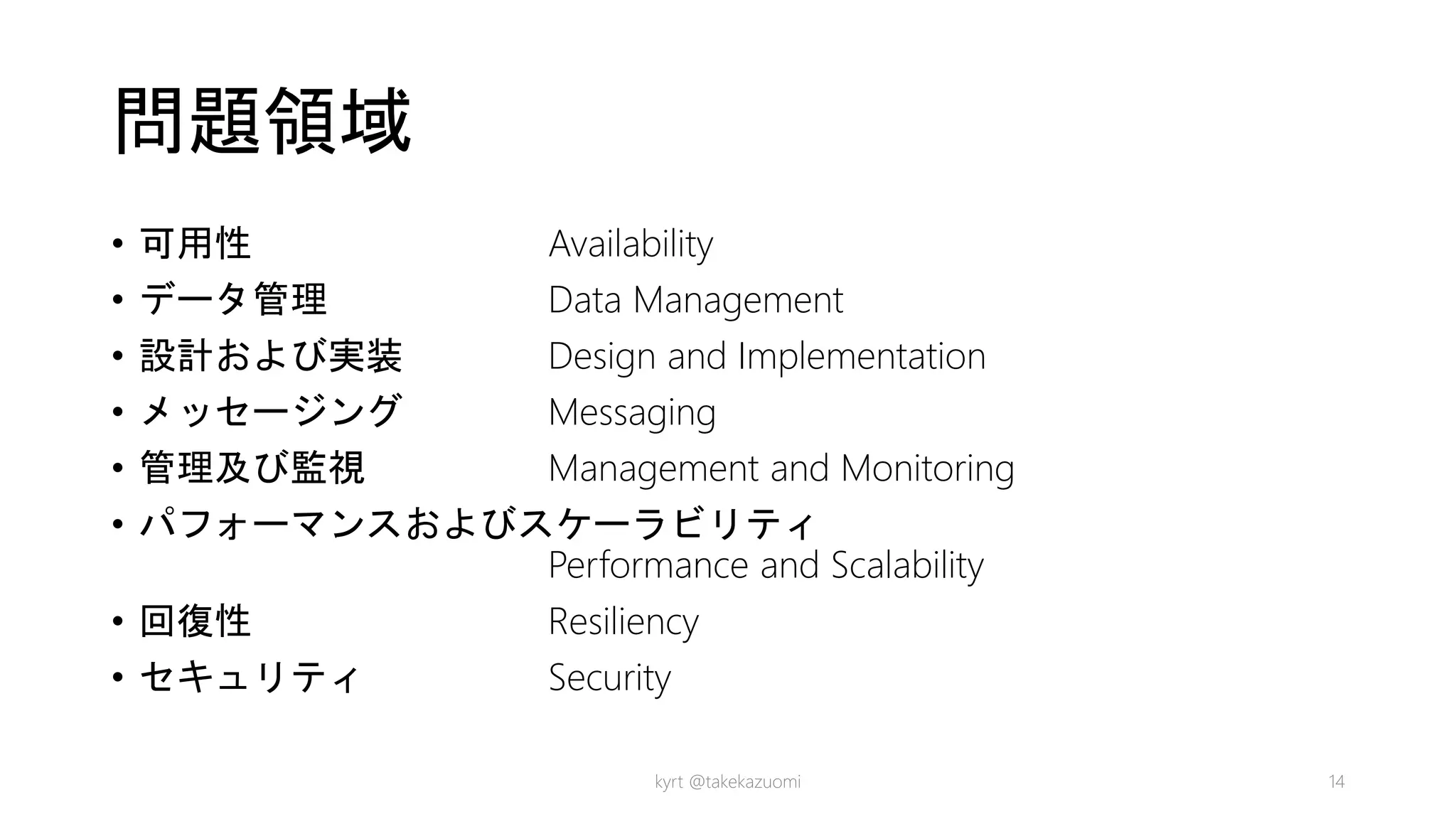 問題領域
• 可用性 Availability
• データ管理 Data Management
• 設計および実装 Design and Implementation
• メッセージング Messaging
• 管理及び監視 Management and Monitoring
• パフォーマンスおよびスケーラビリティ
Performance and Scalability
• 回復性 Resiliency
• セキュリティ Security
kyrt @takekazuomi 14
 
