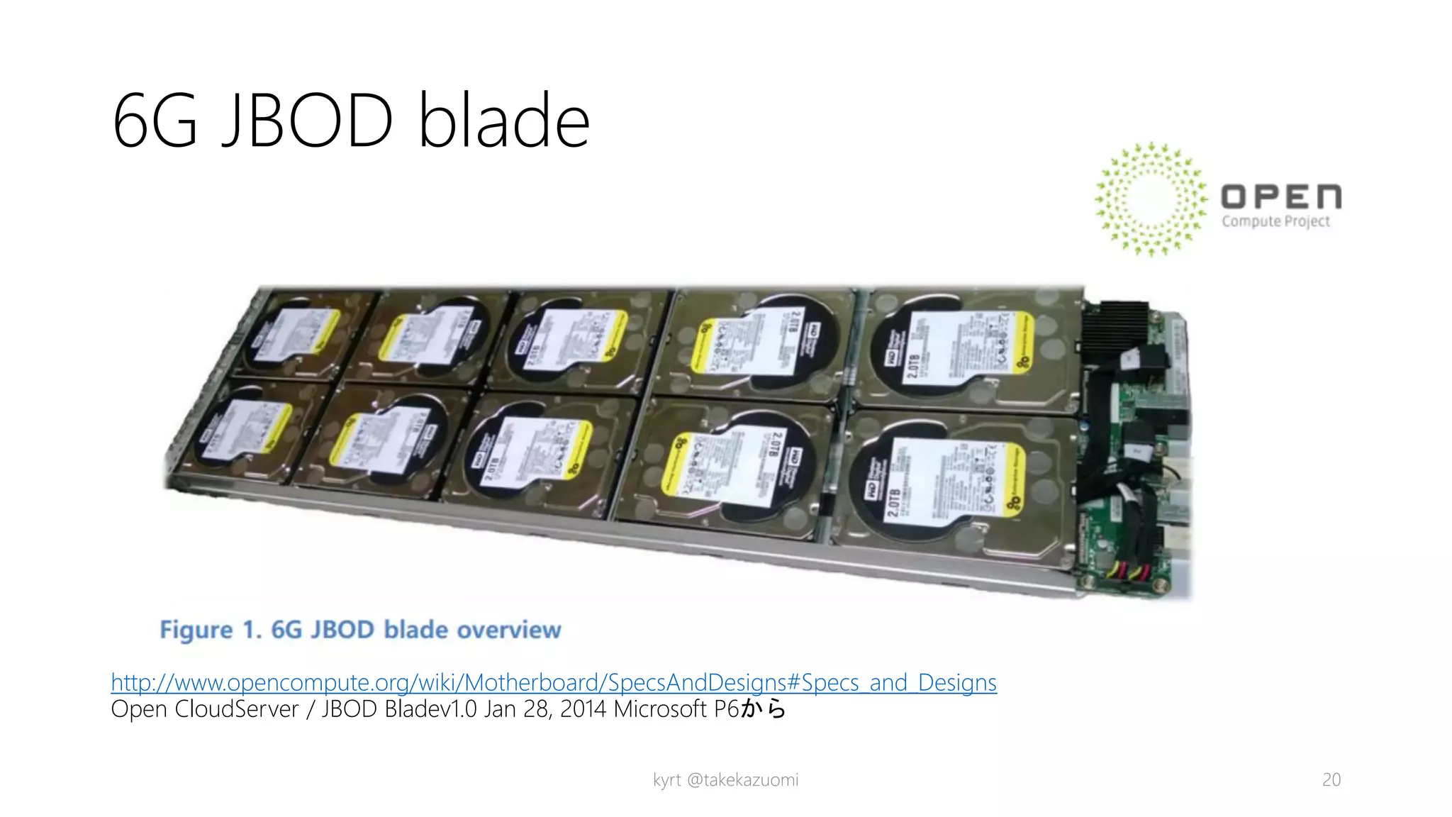 6G JBOD blade
http://www.opencompute.org/wiki/Motherboard/SpecsAndDesigns#Specs_and_Designs
Open CloudServer / JBOD Bladev1.0 Jan 28, 2014 Microsoft P6から
kyrt @takekazuomi 20
 