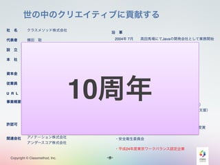 <#>Copyright © Classmethod, Inc.
9
9
社 名!
!
代表者!
!
設 立!
!
本 社!
!
!
資本金!
!
従業員!
!
U R L!
!
事業概要!
!
!
!
!
許認可!
!
!
関連会社
クラスメソッド株式会社!
!
横田 聡!
!
2004年7月7日!
!
東京都千代田区神田佐久間町1丁目11番地!
産報佐久間ビル８階!
46,100,000円!
!
50名（パートナー含む、ほぼ全て社内勤務）!
!
http://classmethod.jp/!
!
・モバイルアプリ企画・開発・運用!
・クラウドアプリ企画・開発・運用!
・サーバーインフラ設計・構築!
・ユーザーインタフェースデザイン!
一般第二種電気通信事業者!
JIS Q 27001:2006!
!
アノテーション株式会社!
アンダースコア株式会社
2004年 7月!
2005年 8月!
2007年 7月!
2007年 7月!
2009年 3月!
2009年11月!
2012年06月!
!
!
!
!
・東京都BCP策定支援事業（東京都支援）!
・短時間正社員制度導入支援事業（厚生労働省支援）!
・ワーク・ライフ・バランス推進宣言企業（新宿区支援）!
・平成23年度男性の育児・介護サポート企業認定!
 （新宿区支援）!
・平成23年度ワーク・ライフ・”ベスト”バランス賞受賞!
 （新宿区）!
・安全衛生委員会!
!
・平成24年度東京ワークバランス認定企業!
高田馬場にてJavaの開発会社として業務開始!
資本金2,000万円に増資!
ISO27001取得!
高田馬場2丁目に開発室を増設!
資本金4,610万円に増資!
飯田橋へオフィスを移転!
秋葉原へオフィスを移転!
!
沿 革
世の中のクリエイティブに貢献する
10周年
 