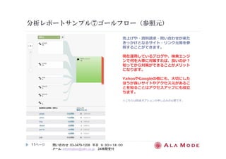 分析レポートサンプル⑦ゴールフロー（参照元） 
11ページ
問い合わせ：03-3479-1208 平日９：３０～１８：００ 
メール：information@alm.co.jp 24時間受付 
売上げや・資料請求・問い合わせが来た 
きっかけとなるサイト・リンク元等を参 
照することができます。 
現在運用しているブログや、検索エンジ 
ンで何を⼤事に対策すれば、良いのか？ 
知ってから対策ができることがメリット 
になります。 
YahooやGoogleの他にも、⼤切にした 
ほうが良いサイトやアクセス元があるこ 
とを知ることはアクセスアップにも役⽴ 
ちます。 
※こちらは別途オプションの申し込みが必要です。 
 