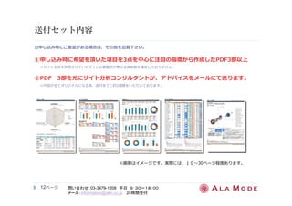 送付セット内容 
お申し込み時にご要望がある場合は、その旨を記載下さい。 
①申し込み時に希望を頂いた項目を3点を中心に注目の指標から作成したPDF3部以上 
※サイト全体を拝⾒させていただくと必要箇所が異なる為部数を確定しておりません。 
②PDF 3部を元にサイト分析コンサルタントが、アドバイスをメールにて送ります。 
※内容が全てオリジナルになる為、送付までに約2週間をいただいております。 
12ページ
※画像はイメージです。実際には、１０〜30ページ程度あります。 
問い合わせ：03-3479-1208 平日９：３０～１８：００ 
メール：information@alm.co.jp 24時間受付 
 