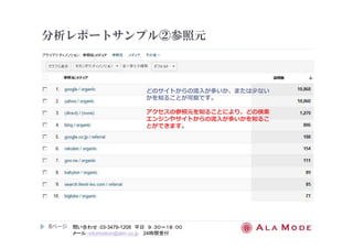 分析レポートサンプル②参照元 
6ページ
どのサイトからの流⼊が多いか、または少ない 
かを知ることが可能です。 
アクセスの参照元を知ることにより、どの検索 
エンジンやサイトからの流⼊が多いかを知るこ 
とができます。 
問い合わせ：03-3479-1208 平日９：３０～１８：００ 
メール：information@alm.co.jp 24時間受付 
 