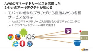 AWSのマネージドサービスを活用した
2-tierのアーキテクチャが組める
• モバイル端末やブラウザから直接AWSの各種
サービスを呼ぶ
– AWSのマネージドサービスを組み合わせてバックエンドに
– しかもプラットフォーム横断で連携！
 