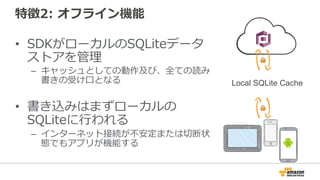 特徴2: オフライン機能
• SDKがローカルのSQLiteデータ
ストアを管理
– キャッシュとしての動作及び、全ての読み
書きの受け口となる
• 書き込みはまずローカルの
SQLiteに行われる
– インターネット接続が不安定または切断状
態でもアプリが機能する
Local SQLite Cache
 