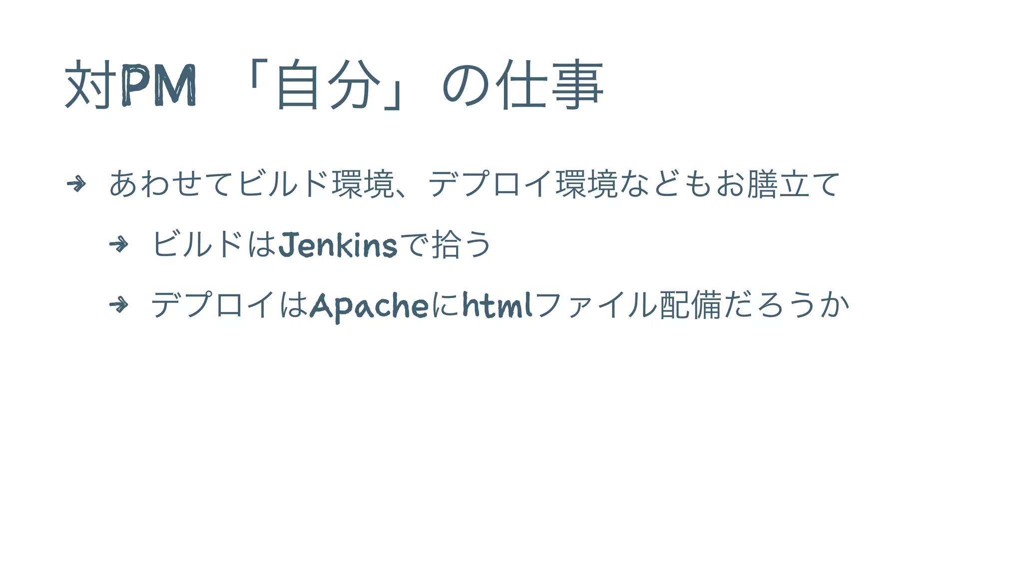 対PM 「自分」の仕事
4 あわせてビルド環境、デプロイ環境などもお膳立て
4 ビルドはJenkinsで拾う
4 デプロイはApacheにhtmlファイル配備だろうか
 