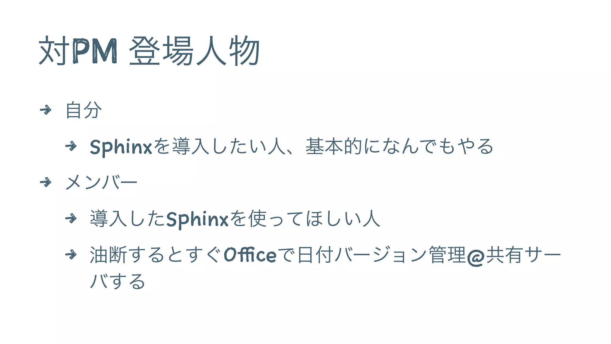 対PM 登場人物
4 自分
4 Sphinxを導入したい人、基本的になんでもやる
4 メンバー
4 導入したSphinxを使ってほしい人
4 油断するとすぐOfficeで日付バージョン管理@共有サー
バする
 
