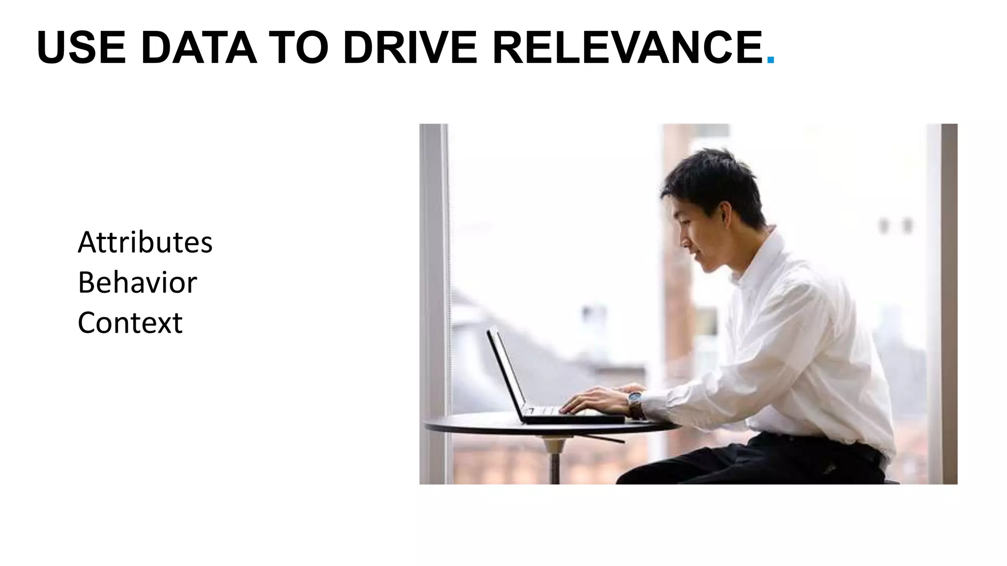 USE DATA TO DRIVE RELEVANCE. 
Attributes 
Behavior 
Context 
 