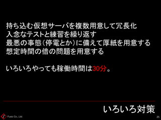 Fusic Co., Ltd. いろいろ対策 
25 
持ち込む仮想サーバを複数用意して冗長化 入念なテストと練習を繰り返す 最悪の事態（停電とか）に備えて厚紙を用意する 想定時間の倍の問題を用意する いろいろやっても稼働時間は30分。  