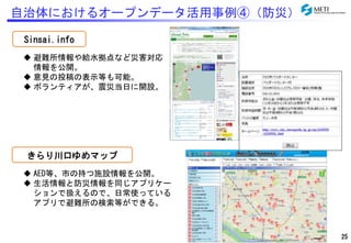 自治体におけるオープンデータ活用事例④（防災） 
Sinsai.info 
 避難所情報や給水拠点など災害対応 
情報を公開。 
 意見の投稿の表示等も可能。 
 ボランティアが、震災当日に開設。 
きらり川口ゆめマップ 
 AED等、市の持つ施設情報を公開。 
 生活情報と防災情報を同じアプリケー 
ションで扱えるので、日常使っている 
アプリで避難所の検索等ができる。 
25 
 