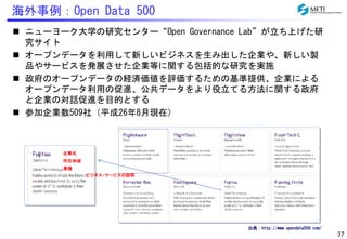 37 
海外事例：Open Data 500 
 ニューヨーク大学の研究センター“Open Governance Lab”が立ち上げた研 
究サイト 
 オープンデータを利用して新しいビジネスを生み出した企業や、新しい製 
品やサービスを発展させた企業等に関する包括的な研究を実施 
 政府のオープンデータの経済価値を評価するための基準提供、企業による 
オープンデータ利用の促進、公共データをより役立てる方法に関する政府 
と企業の対話促進を目的とする 
 参加企業数509社（平成26年8月現在） 
企業名 
所在地域 
業種 
ビジネス・サービスの説明 
出典：http://www.opendata500.com/ 
 