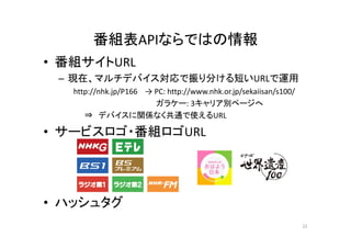 番組表APIならではの情報
• 番組サイトURL 
– 現在、マルチデバイス対応で振り分ける短いURLで運用 
http://nhk.jp/P166 → PC: http://www.nhk.or.jp/sekaiisan/s100/ 
ガラケー: 3キャリア別ページへ 
⇒ デバイスに関係なく共通で使えるURL 
• サービスロゴ・番組ロゴURL 
• ハッシュタグ 
22 
 