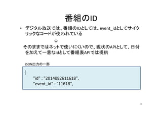 番組のID 
• デジタル放送では、番組のIDとしては、event_idとしてサイク 
リックなコードが使われている 
↓ 
そのままではネットで使いにくいので、現状のAPIとして、日付 
を加えて一意なidとして番組表APIでは提供 
JSON出力の一部 
｛ 
"id" : "2014082611618", 
"event_id" : "11618", 
23 
 