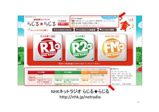 NHKネットラジオらじる★らじる 
http://nhk.jp/netradio 
30 
 