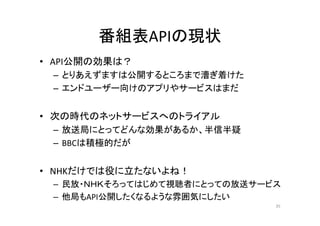 番組表APIの現状
•• API公開の効果は？？ 
– とりあえずますは公開するところまで漕ぎ着けた 
– エンドユーザー向けのアプリやサービスはまだ 
• 次の時代のネットサービスへのトライアル 
– 放送局にとってどんな効果があるか、半信半疑 
– BBCは積極的だが 
• NHKだけでは役に立たないよね！ 
– 民放・ＮＨＫそろってはじめて視聴者にとっての放送サービス 
– 他局もAPI公開したくなるような雰囲気にしたい 
35 
 