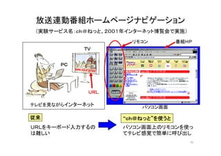 放送連動番組ホームページナビゲーション 
（実験サービス名：ｃｈ＠ねっと、２００１年インターネット博覧会で実施） 
リモコン番組ＨＰ 
ＴＶ 
ＰＣ 
ＵＲＬ 
テレビを見ながらインターネットパソコン画面 
従来 
パソコン画面上のリモコンを使っ 
ビ感覚簡単呼びＵＲＬをキーボード入力するの 
は難 
“ｃｈ＠ねっと”を使うと 
しいてテレでに出
し 
42 
 