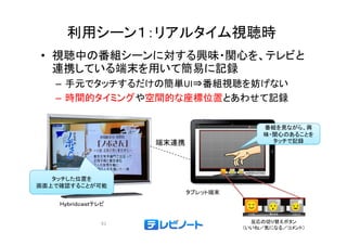 利用シーン１：リアルタイム視聴時 
• 視聴中の番組シーンに対する興味・関心を、テレビと 
連携している端末を用いて簡易に記録 
– 手元でタッチするだけの簡単UI⇒番組視聴を妨げない 
– 時間的タイミングや空間的な座標位置とあわせて記録
番組を見ながら、興 
味・関心のあることを 
端末連携タッチで記録 
タッチした位置を 
Ｈｙｂｒｉｄｃａｓｔテタブレット端末 
画面上で確認することが可能 
反応の切り替えボタン 
（いいね／気になる／コメント） 
ｙｂ ｄｃ ｓ レビ 
61 
 