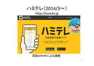 ハミテレ（2014/3～） 
http://hamitv.jp 
民放とＮＨＫによる連携 
67 
 