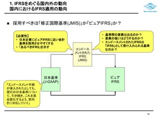 1. IFRSをめぐる国内外の動向 
国内におけるIFRS適用の動向 
 採用すべきは「修正国際基準(JMIS)」か「ピュアIFRS」か？ 
日本基準 
(J-GAAP) 
ピュア 
IFRS 
エンドース 
メントされた 
IFRS 
(JMIS) 
「エンドースメント手続 
が導入されたとしても、 
現行の日本基準につい 
て、引き続き、これを高 
品質化するよう、前向 
きに対応していく」 
• 基準間の差異は出るのか？ 
• 差異の扱いはどうするのか？ 
• エンドースメントされたIFRSは 
「IFRS」として受け入れられる基準 
なのか？ 
【必要性】 
• 日本企業にピュアIFRSに近い会計 
基準を採用させやすくする 
• 「あるべきIFRS」を示す 
19 
 