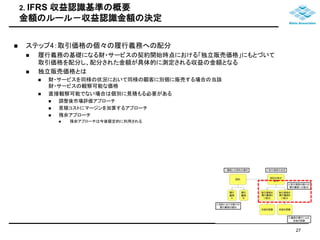 2. IFRS 収益認識基準の概要 
金額のルール－収益認識金額の決定 
 ステップ4：取引価格の個々の履行義務への配分 
 履行義務の基礎になる財・サービスの契約開始時点における「独立販売価格」にもとづいて 
取引価格を配分し、配分された金額が具体的に測定される収益の金額となる 
 独立販売価格とは 
 財・サービスを同様の状況において同様の顧客に別個に販売する場合の当該 
財・サービスの観察可能な価格 
 直接観察可能でない場合は個別に見積もる必要がある 
 調整後市場評価アプローチ 
 見積コストにマージンを加算するアプローチ 
 残余アプローチ 
 残余アプローチは今後限定的に利用される 
27 
 