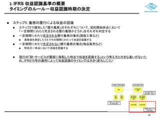 2. IFRS 収益認識基準の概要 
タイミングのルール－収益認識時期の決定 
 ステップ5：義務の履行による収益の認識 
 ステップ2で識別した「履行義務」のそれぞれについて、契約開始時点において 
「一定期間にわたり充足される履行義務かどうか」をそれぞれ判定する 
 一定期間にわたり充足される履行義務の場合(請負工事など) 
 進捗度を測定したうえでその期間にわたって収益を認識する 
 一定期間にわたり充足されない履行義務の場合(物品販売など) 
 特定の一時点において収益を認識する 
 現行の「財・サービスが顧客に移転した時点で収益を認識する」という考え方と大きな違いがないた 
め、IFRS15号の適用によって収益認識のタイミングは大きく変化しにくい 
28 
 