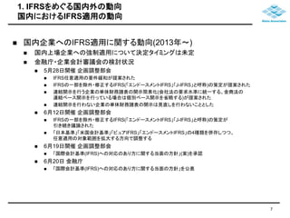 1. IFRSをめぐる国内外の動向 
国内におけるIFRS適用の動向 
 国内企業へのIFRS適用に関する動向(2013年～) 
 国内上場企業への強制適用について決定タイミングは未定 
 金融庁・企業会計審議会の検討状況 
 5月28日開催企画調整部会 
 IFRS任意適用の要件緩和が提案された 
 IFRSの一部を除外・修正するIFRS(「エンドースメントIFRS」「J-IFRS」と呼称)の策定が提案された 
 連結開示を行う企業の単体財務諸表の開示簡素化(会社法の要求水準に統一する、金商法の 
連結ベース開示を行っている場合は個別ベース開示を省略する)が提案された 
 連結開示を行わない企業の単体財務諸表の開示は見直しを行わないこととした 
 6月12日開催企画調整部会 
 IFRSの一部を除外・修正するIFRS(「エンドースメントIFRS」「J-IFRS」と呼称)の策定が 
引き続き議論された 
 「日本基準」「米国会計基準」「ピュアIFRS」「エンドースメントIFRS」の4種類を併存しつつ、 
任意適用の対象範囲を拡大する方向で調整する 
 6月19日開催企画調整部会 
 「国際会計基準(IFRS)への対応のあり方に関する当面の方針」(案)を承認 
 6月20日金融庁 
 「国際会計基準(IFRS)への対応のあり方に関する当面の方針」を公表 
7 
 