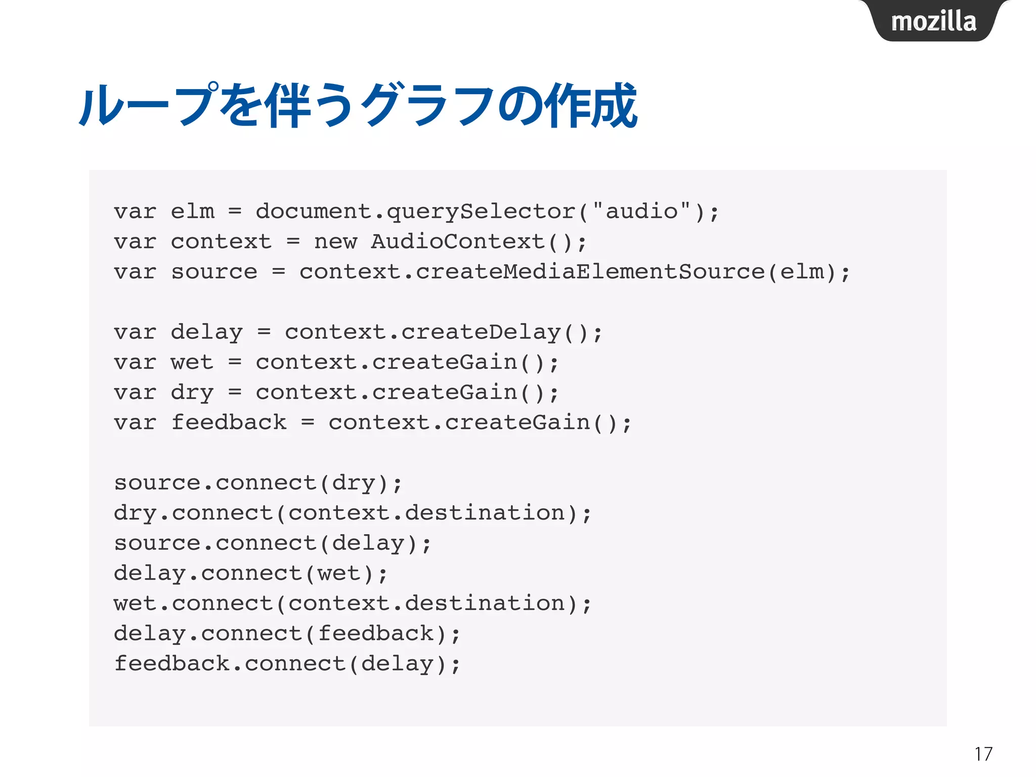 ループを伴うグラフの作成 
17 
var elm = document.querySelector("audio");! 
var context = new AudioContext();! 
var source = context.createMediaElementSource(elm);! 
! 
var delay = context.createDelay();! 
var wet = context.createGain();! 
var dry = context.createGain();! 
var feedback = context.createGain();! 
! 
source.connect(dry);! 
dry.connect(context.destination);! 
source.connect(delay);! 
delay.connect(wet);! 
wet.connect(context.destination);! 
delay.connect(feedback);! 
feedback.connect(delay);! 
 