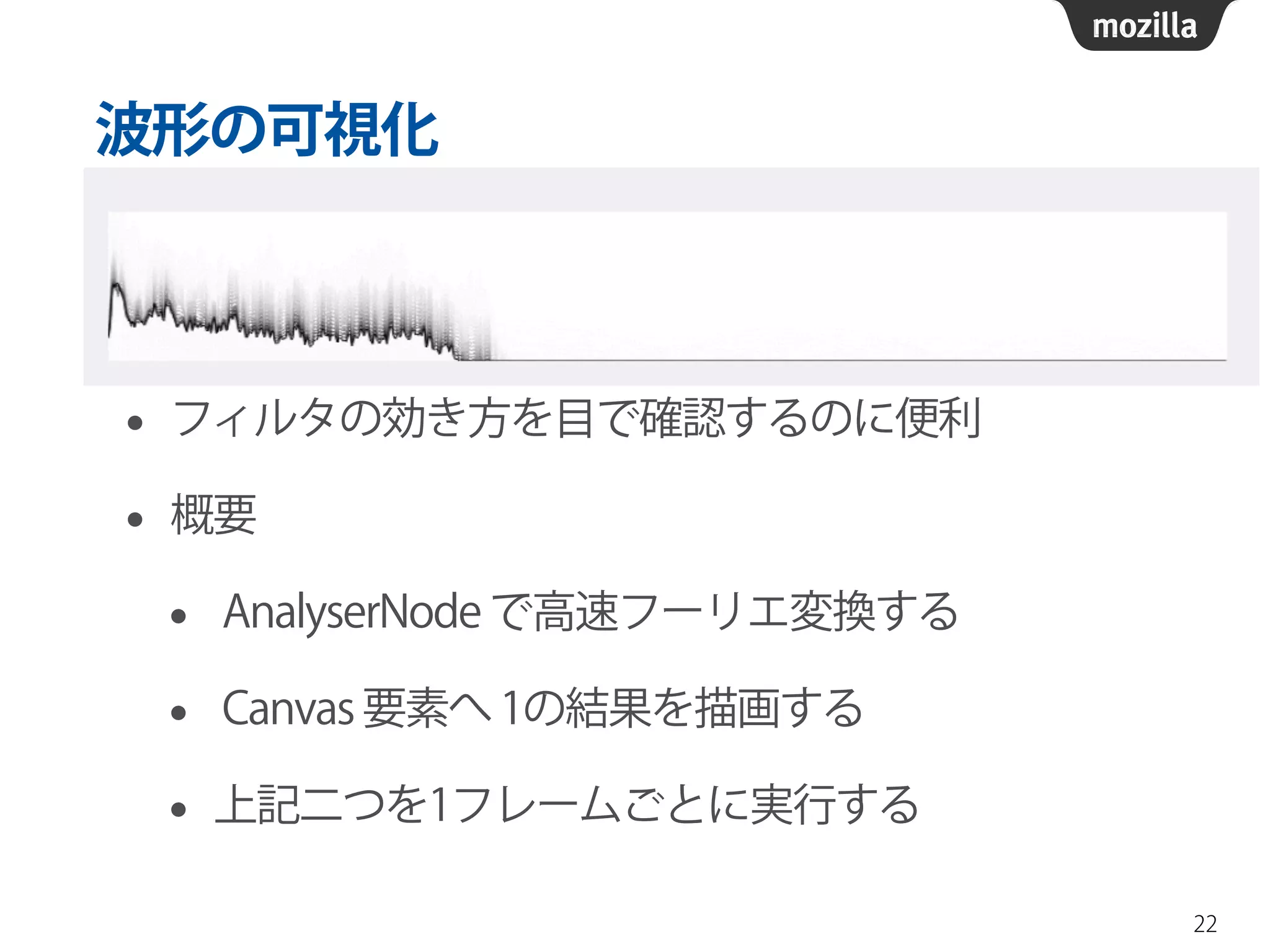 波形の可視化 
• フィルタの効き方を目で確認するのに便利 
• 概要 
• AnalyserNode で高速フーリエ変換する 
• Canvas 要素へ 1の結果を描画する 
• 上記二つを1フレームごとに実行する 
22 
 