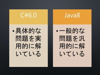 C#6.0 
•具体的な 
問題を実 
用的に解 
いている 
Java8 
•一般的な 
問題を汎 
用的に解 
いている 
 