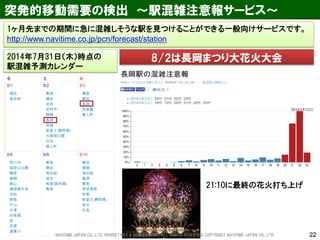22 
突発的移動需要の検出 ～駅混雑注意報サービス～ 
1ヶ月先までの期間に急に混雑しそうな駅を見つけることができる一般向けサービスです。 
http://www.navitime.co.jp/pcn/forecast/station 
8/2は長岡まつり大花火大会 
2014年7月31日（木）時点の 駅混雑予測カレンダー 
21:10に最終の花火打ち上げ 
NAVITIME JAPAN CO., LTD. PRORIETARY & CONFIDENTIAL. ALL RIGHTS RESERVED, COPYRIGHT NAVITIME JAPAN CO., LTD.  